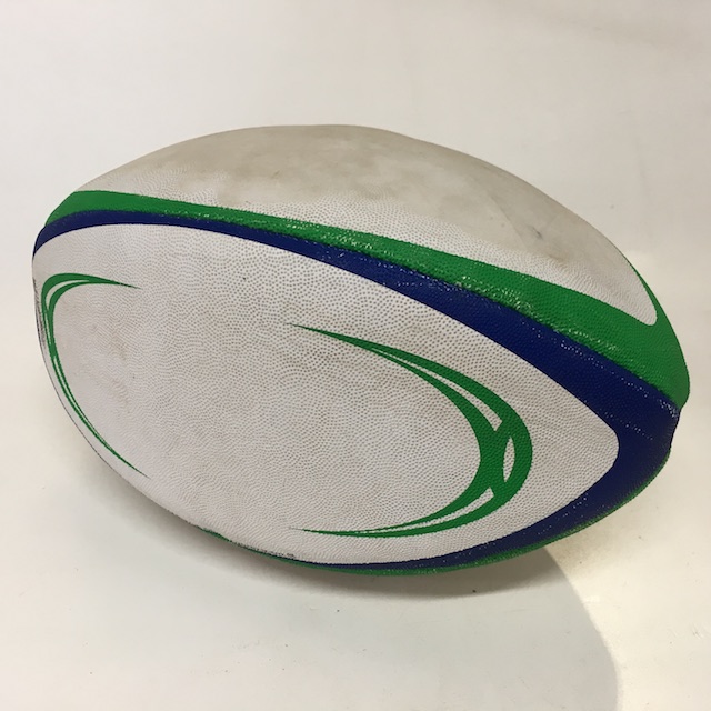 BALL, Rugby - White w Green Blue Stripe